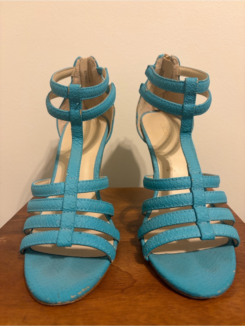 Strappy Turquoise Women's Heels - Back Gold Zipper